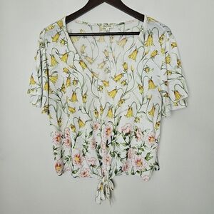 Lily White Blouse Floral Print Top Yellow Pink Green V-Neck Tie Front Casual